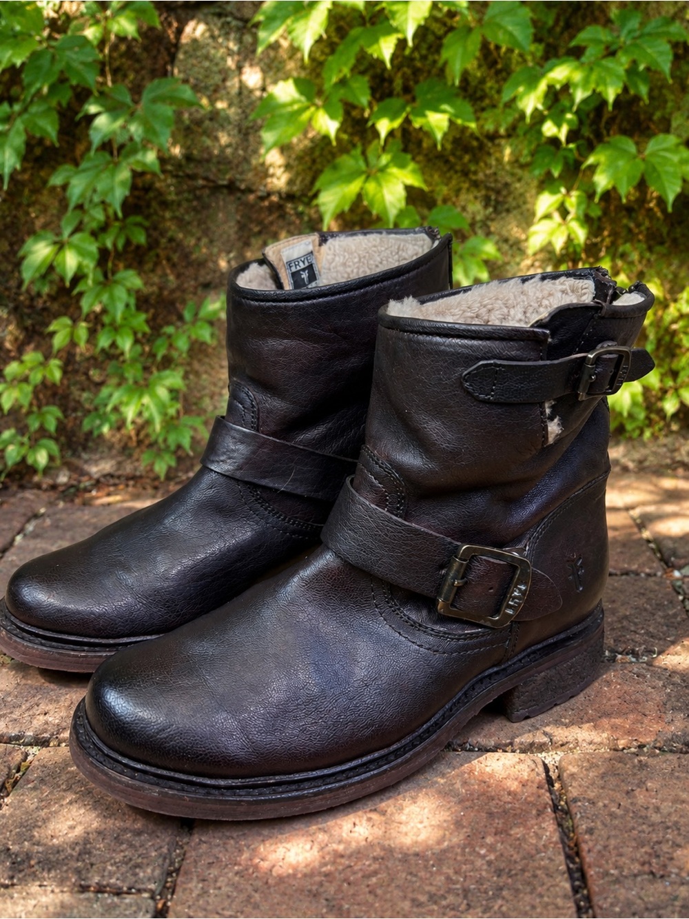 FRYE Brown Leather Shearling Lined Double Buckle Moto Boots with Lug Sole, 7B